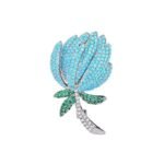 High-end turquoise protea flower CZ brooch wholesale featuring pave turquoise stone petals, green cubic zirconia leaves, and a clear pave crystal stem from junejewelry.com