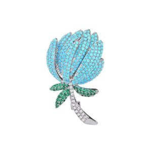 High-end turquoise protea flower CZ brooch wholesale featuring pave turquoise stone petals, green cubic zirconia leaves, and a clear pave crystal stem from junejewelry.com