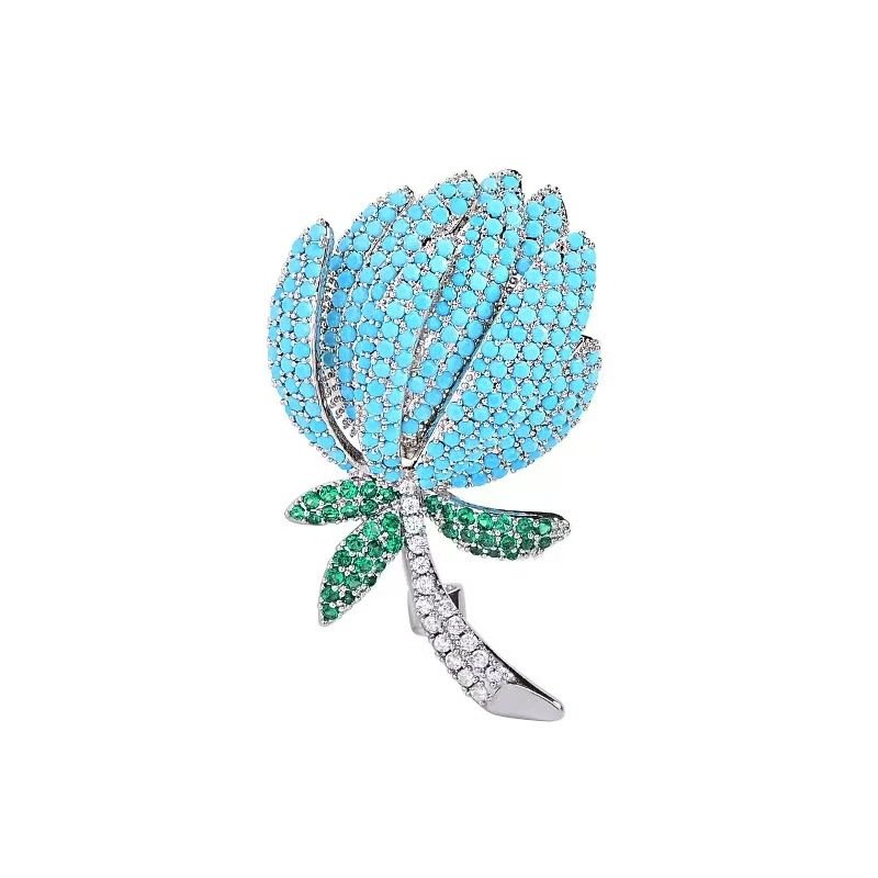 XC07959 (5) High-end turquoise protea flower CZ brooch wholesale featuring pave turquoise stone petals, green cubic zirconia leaves, and a clear pave crystal stem from junejewelry.com
