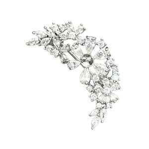 Sparkly silver curved floral CZ cluster brooch wholesale featuring brilliant pear-cut, marquise-cut, and round cubic zirconia stones in an arching vine design from junejewelry.com