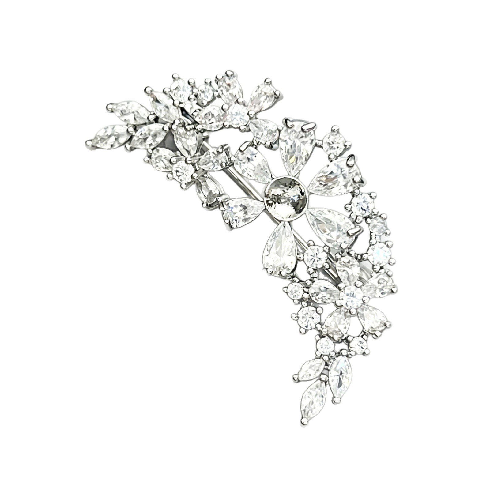 XC08002 (4) Sparkly silver curved floral CZ cluster brooch wholesale featuring brilliant pear-cut, marquise-cut, and round cubic zirconia stones in an arching vine design from junejewelry.com
