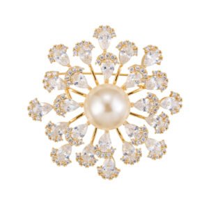 Luxurious pearl floral crystal brooch wholesale featuring a large center pearl surrounded by radiating wire-set pear-cut cubic zirconia petals from junejewelry.com