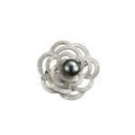 Elegant camellia flower pearl brooch wholesale featuring layered hollow micro-pave cubic zirconia petals centered with a round gray, white, or champagne glass pearl from junejewelry.com