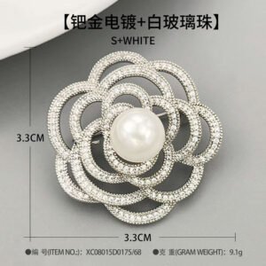 Elegant camellia flower pearl brooch wholesale featuring layered hollow micro-pave cubic zirconia petals centered with a round gray, white, or champagne glass pearl from junejewelry.com