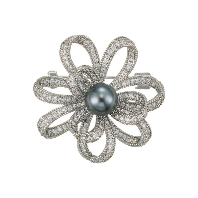 Pearl bloom brooch wholesale featuring micro-pavé cubic zirconia looped petals with a round center pearl in gold and silver finishes from junejewelry.com