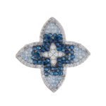 Vintage style four petal blue crystal brooch wholesale featuring gradient light and dark blue crystal beads, clear micro-pave CZ outer halo, and a center crystal cross motif from junejewelry.com