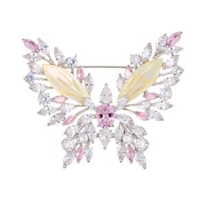 Elegant butterfly shell crystal brooch wholesale featuring carved natural shell inner wings framed by marquise cubic zirconia crystal clusters and a convertible dual-hook back pin from junejewelry.com