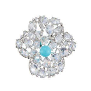 Crystal flower brooch wholesale featuring four teardrop CZ crystal cluster petals, a vibrant blue glass pearl center, and a convertible back hook from junejewelry.com