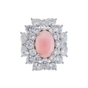 Light luxury pink queen conch shell magnetic brooch wholesale featuring an oval pink shell center surrounded by brilliant round and pear-cut cubic zirconia crystals with a strong magnetic clasp from junejewelry.com