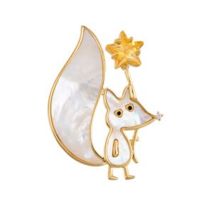 Cute fox star brooch wholesale featuring mother of pearl shell body and tail inlay, holding a yellow crystal star wand with cubic zirconia nose detail from junejewelry.com