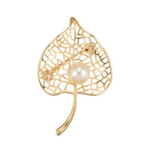 Pearl leaf brooch wholesale featuring a filigree hollow leaf pattern frame with a center glass pearl in gold and silver plating from junejewelry.com