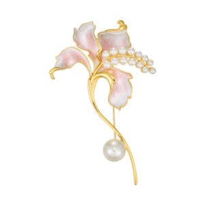 Delicate enamel lily flower pearl brooch wholesale featuring hand-applied gradient enamel petals, arched small pearl stamen cluster, and a large freshwater pearl accent on a graceful stem from junejewelry.com