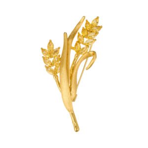 Elegant golden wheat ear CZ brooch wholesale featuring brushed matte gold leaves and marquise-cut yellow cubic zirconia wheat grains on a gold-plated setting from junejewelry.com