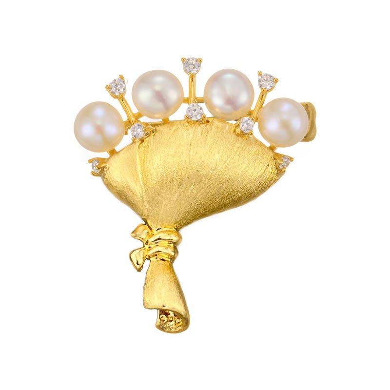 XC08614 (1) Light luxury brushed sand gold bouquet pearl brooch wholesale featuring wire-brushed matte gold wrapping, freshwater pearl blooms, and sparkling CZ accents from junejewelry.com
