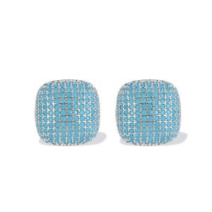 Wholesale turquoise pave earrings collection featuring micro-pave turquoise studs, huggie hoops, pearl drops, swan, and flower designs.