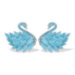 Wholesale turquoise pave earrings collection featuring micro-pave turquoise studs, huggie hoops, pearl drops, swan, and flower designs.