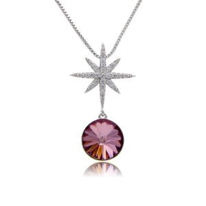 Silver North Star pendant necklace set with micro-pavé accents and purple Swarovski Element round crystal wholesale