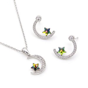 Silver crescent moon and colorful star Swarovski Element pendant necklace and stud earrings jewelry set wholesale