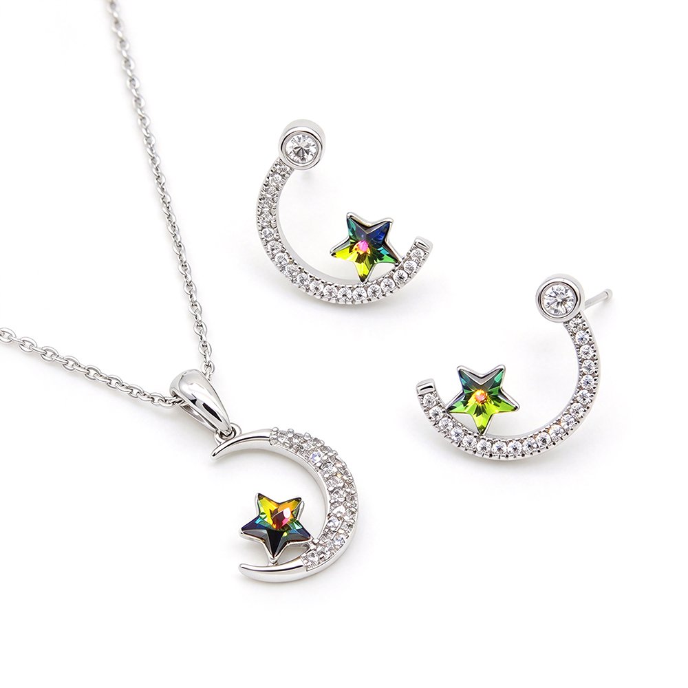 Silver crescent moon and colorful star Swarovski Element pendant necklace and stud earrings jewelry set wholesale