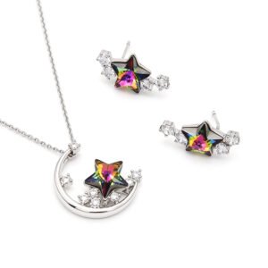 Silver crescent moon and star pendant necklace with matching stud earrings featuring iridescent Swarovski Element crystal wholesale