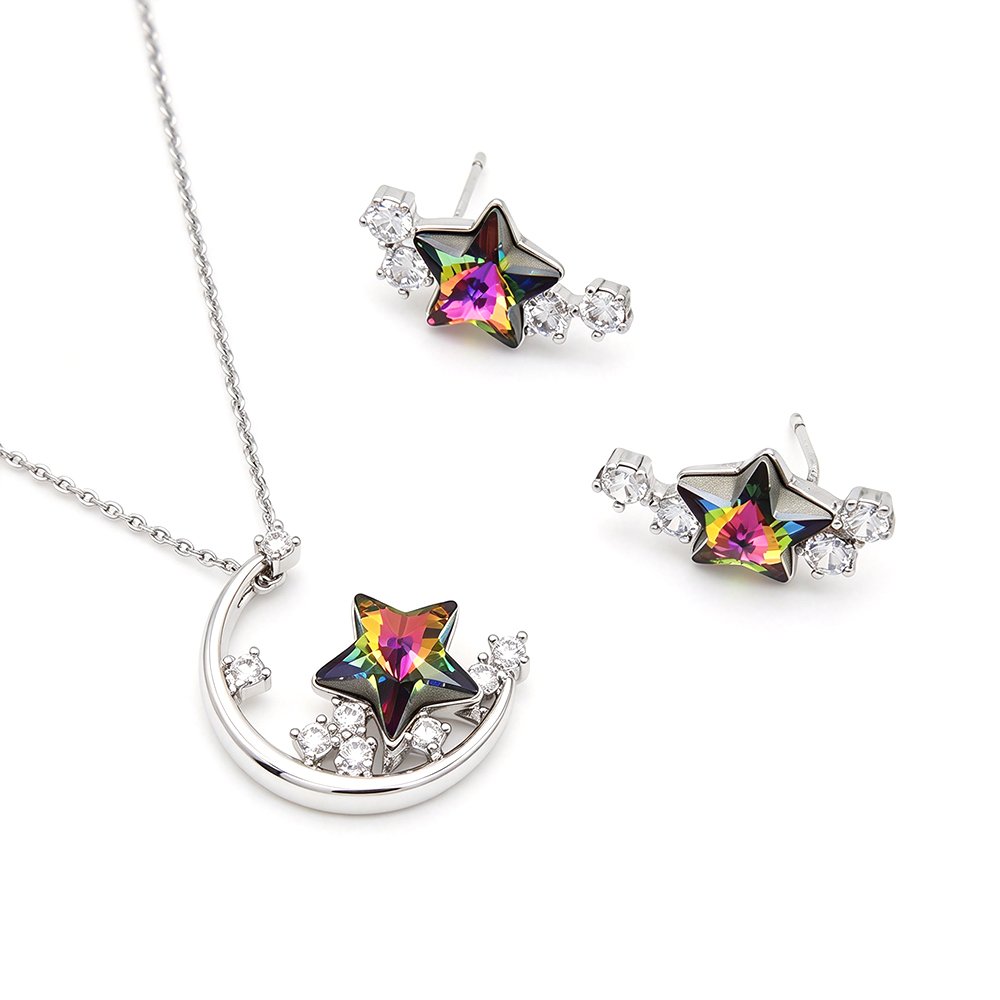 Silver crescent moon and star pendant necklace with matching stud earrings featuring iridescent Swarovski Element crystal wholesale