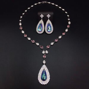 Silver statement necklace and drop earrings jewelry set with teardrop Swarovski Element crystals and pave halo wholesale