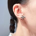 Wholesale metallic floral statement stud earrings with genuine 18K gold and white gold plating on copper