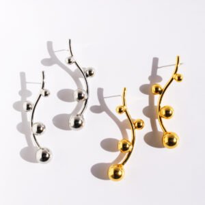 Wholesale curved branch graduated beaded statement earrings with genuine 18K gold and white gold plating on copper