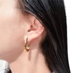 Wholesale modern waterdrop oval huggie hoop earrings with genuine 18K gold and white gold plating on copper