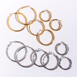Wholesale classic textured bamboo wavy hoop earrings in multiple sizes with genuine 18K gold and white gold plating on copper Product Description