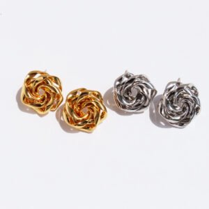 Wholesale vintage abstract swirl rose floral stud earrings with genuine 18K gold and white gold plating on copper