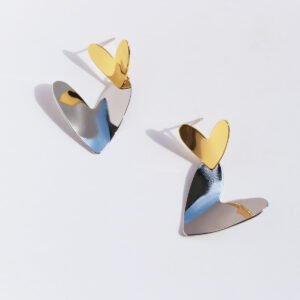 Wholesale modern two-tone asymmetric heart dangle earrings with genuine 18K gold and white gold plating on copper