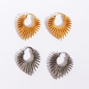 Wholesale modern sunburst radiant beam statement hoop earrings with genuine 18K gold and white gold plating on copper