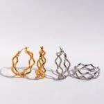 Wholesale modern textured wavy layered hoop earrings with genuine 18K gold and white gold plating on copper