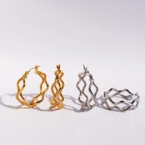 Wholesale modern textured wavy layered hoop earrings with genuine 18K gold and white gold plating on copper