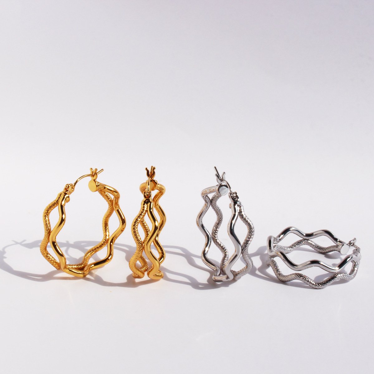 337 (1) Wholesale modern textured wavy layered hoop earrings with genuine 18K gold and white gold plating on copper