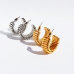 Wholesale vintage textured wide ribbed C-shape hoop earrings with genuine 18K gold and white gold plating on copper