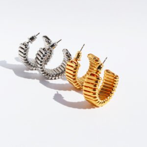 Wholesale vintage textured wide ribbed C-shape hoop earrings with genuine 18K gold and white gold plating on copper