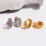 Wholesale modern ruffled textured molten huggie hoop earrings with genuine 18K gold and white gold plating on copper