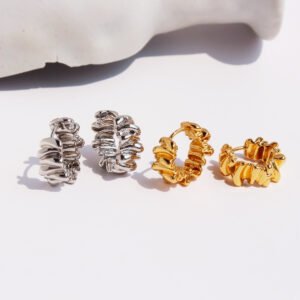 Wholesale modern ruffled textured molten huggie hoop earrings with genuine 18K gold and white gold plating on copper