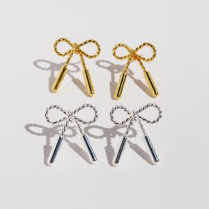 Wholesale twisted rope bow knot stud earrings with genuine 18K gold and white gold plating on copper