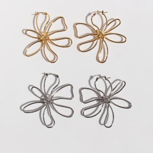 Wholesale modern abstract wire cutout flower statement hoop earrings with genuine 18K gold and white gold plating on copper