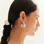 Wholesale sculptural feather cubic zirconia C-shape earrings with genuine 18K gold and white gold plating on copper