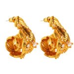 Wholesale sculptural feather cubic zirconia C-shape earrings with genuine 18K gold and white gold plating on copper