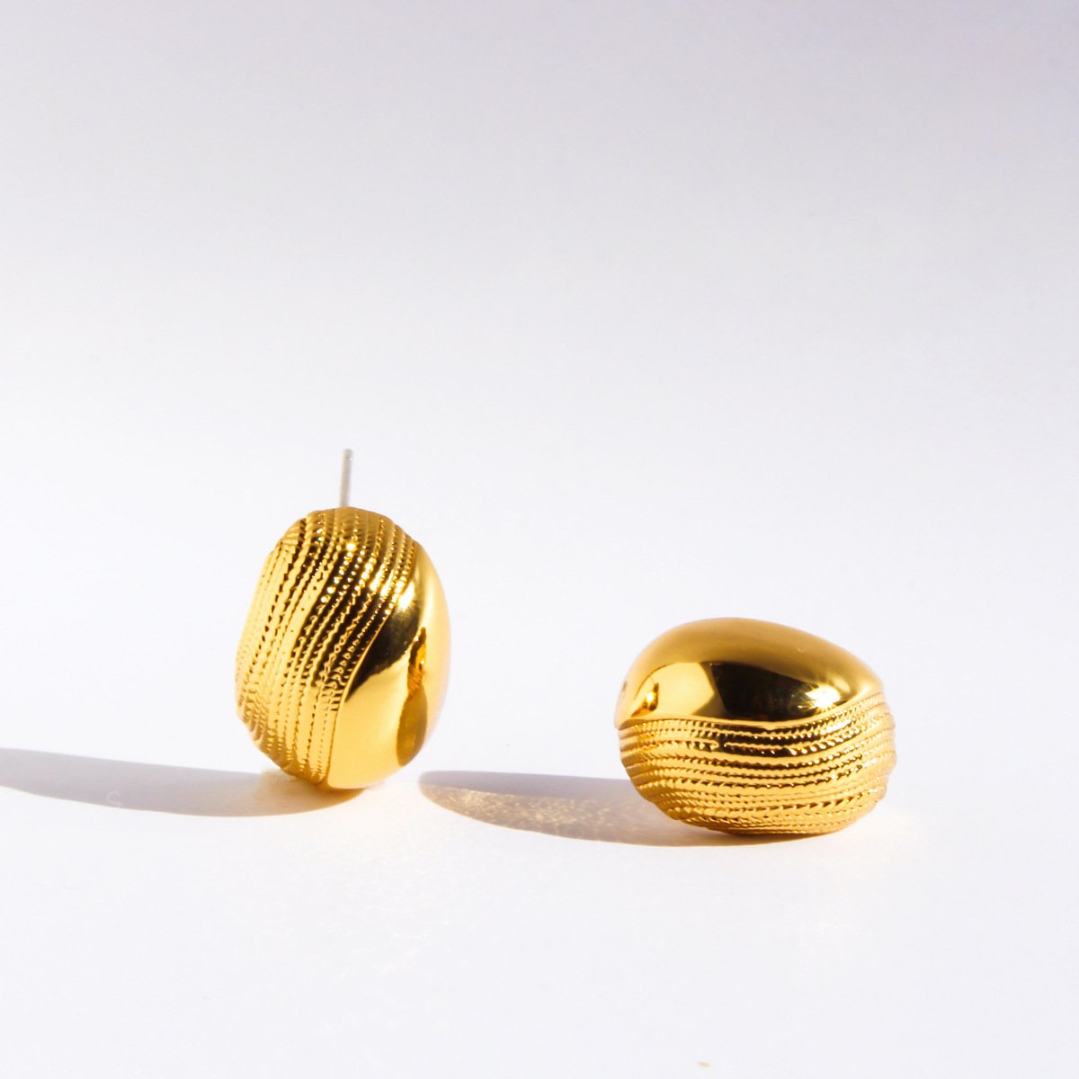 92 (2) Wholesale vintage half textured smooth oval chunky stud earrings with genuine 18K gold plating on copper