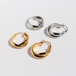 Wholesale modern twisted crossover intertwined hoop earrings with genuine 18K gold and white gold plating on copper