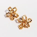 Wholesale modern beaded disc cutout floral stud earrings with genuine 18K gold and white gold plating on copper