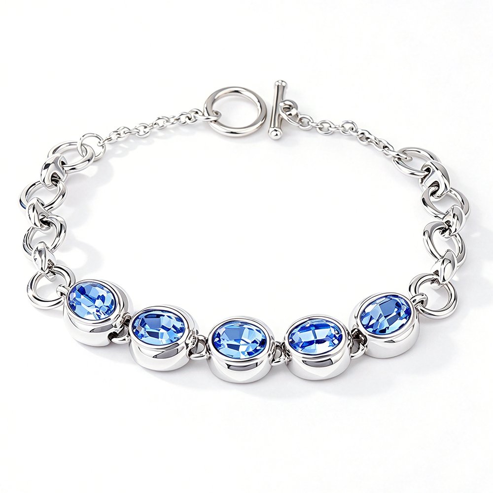 A000242H-002.118.A Silver and gold chain bracelet with oval bezel set Swarovski Element crystals and toggle clasp wholesale