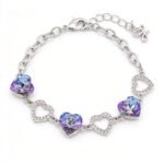 Silver heart chain bracelet with colorful heart Swarovski Element crystals and paved open heart links wholesale
