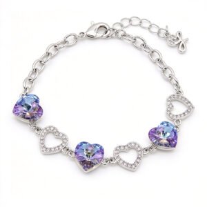 Silver heart chain bracelet with colorful heart Swarovski Element crystals and paved open heart links wholesale